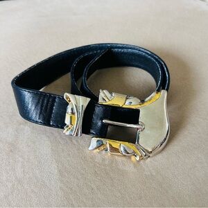 SUZI ROHER Vintage Leather Belt w/Gold + Silver Chunky Buckle
